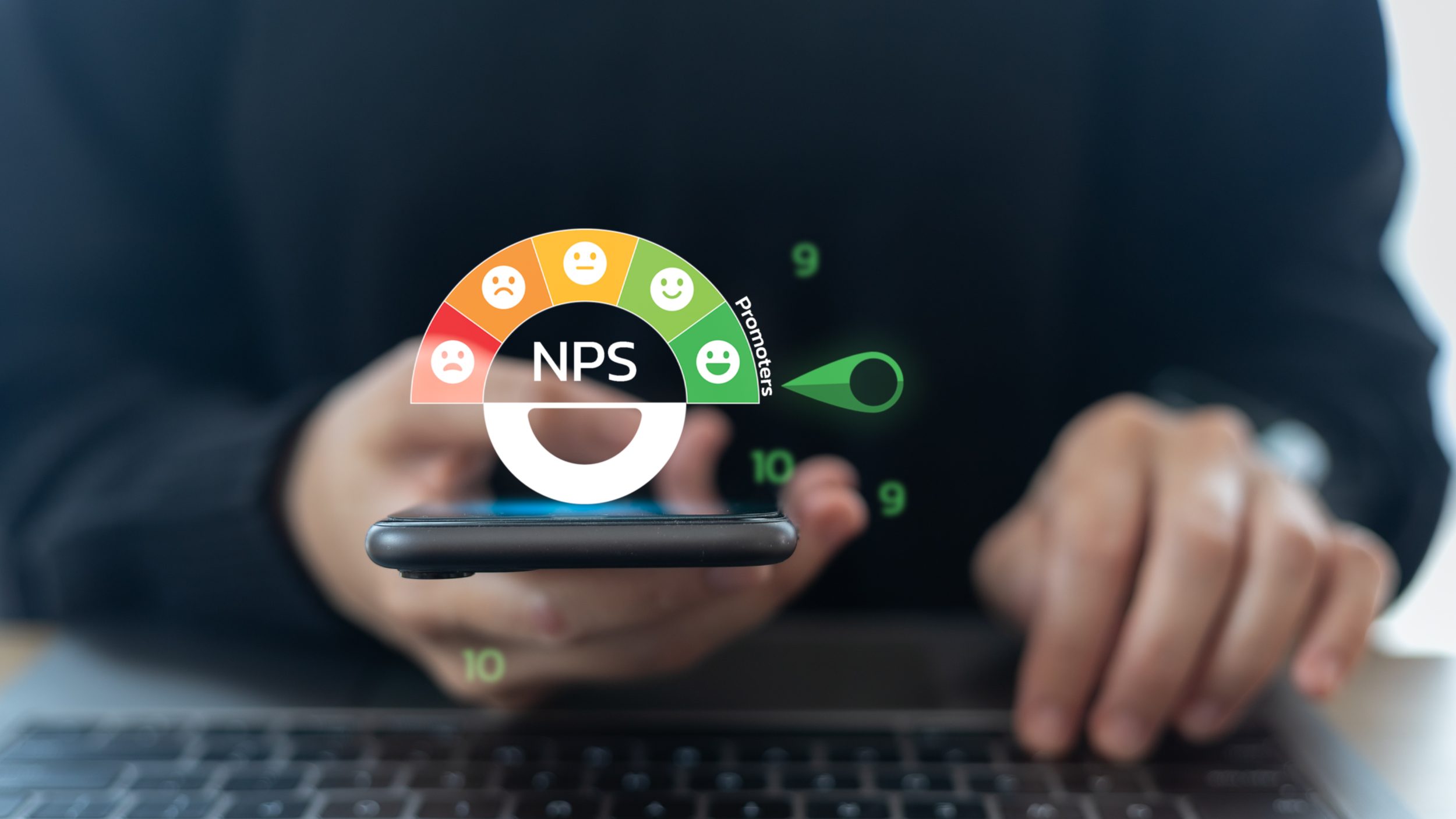 Hand holding a smartphone with a digital Net Promoter Score (NPS) gauge, its needle pointing to the green "Promoters" zone.
