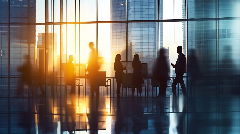Silhouettes of people in a modern office with large glass windows showcasing a vibrant sunset and colorful floor reflections.
