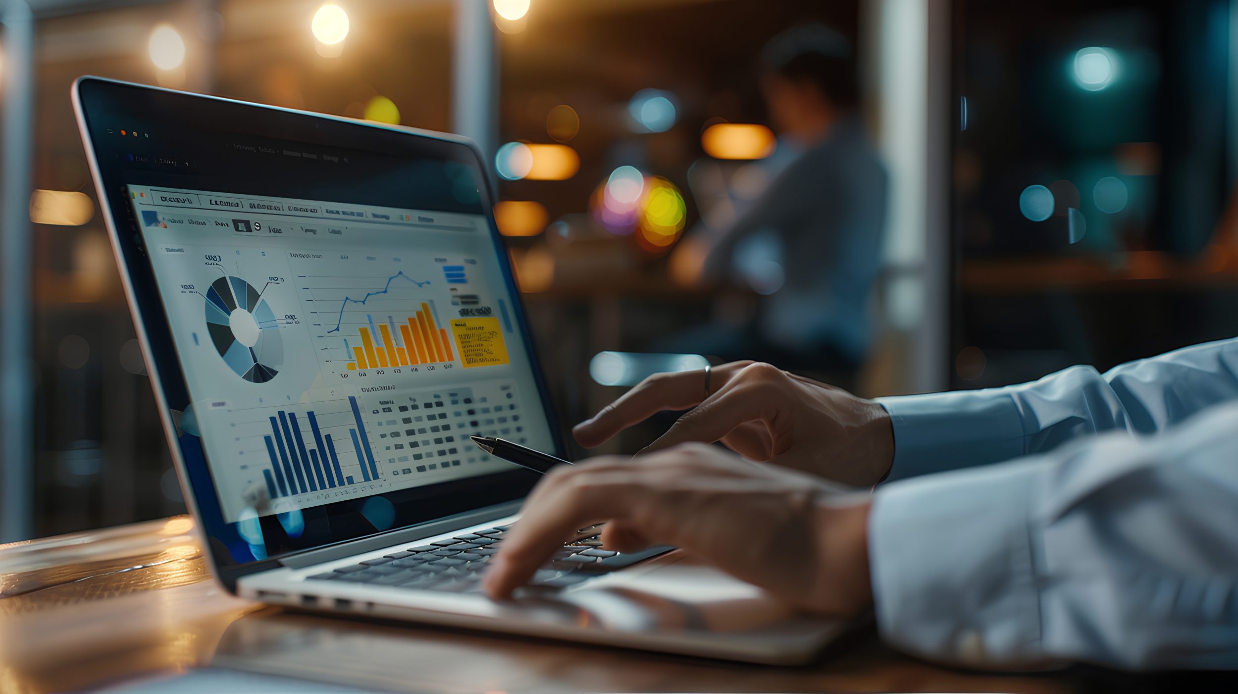 Close-up of hands typing on a laptop displaying financial graphs and charts