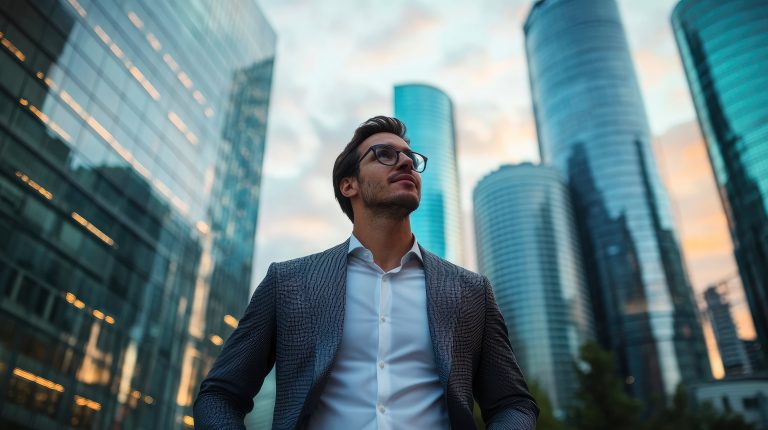 Confident businessman standing in front of glass skyscrapers at sunset, symbolizing ambition and success in a corporate environment.