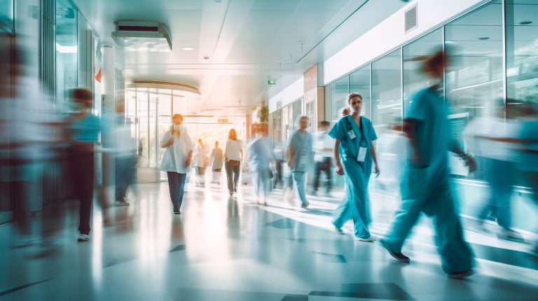 Hospital interior abstract background. Long exposure blurred motion of medical doctors and nurses in a hospital ward walking down a corridor.